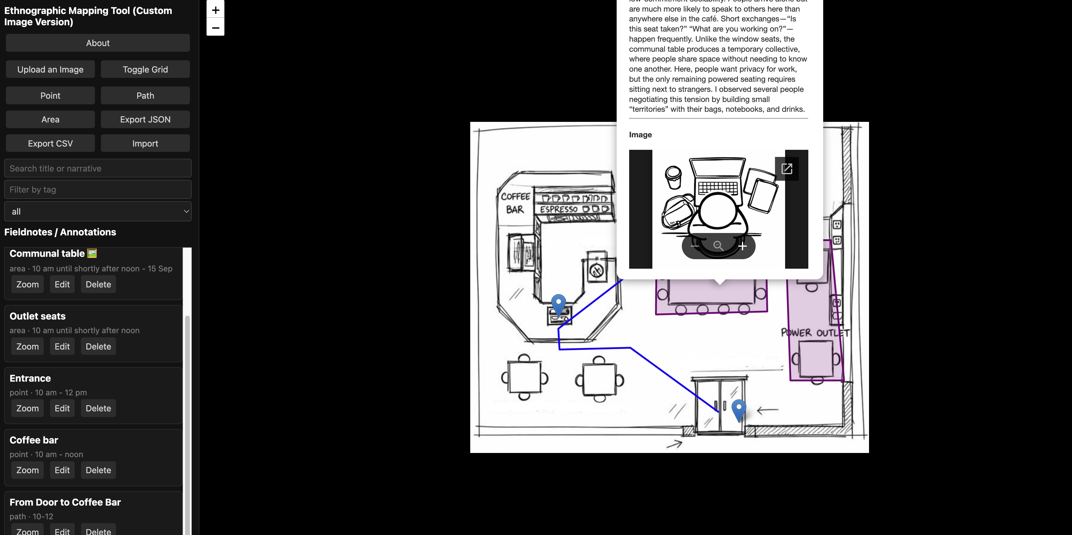 Screenshot of the the interface when one area (communal table) is selected.